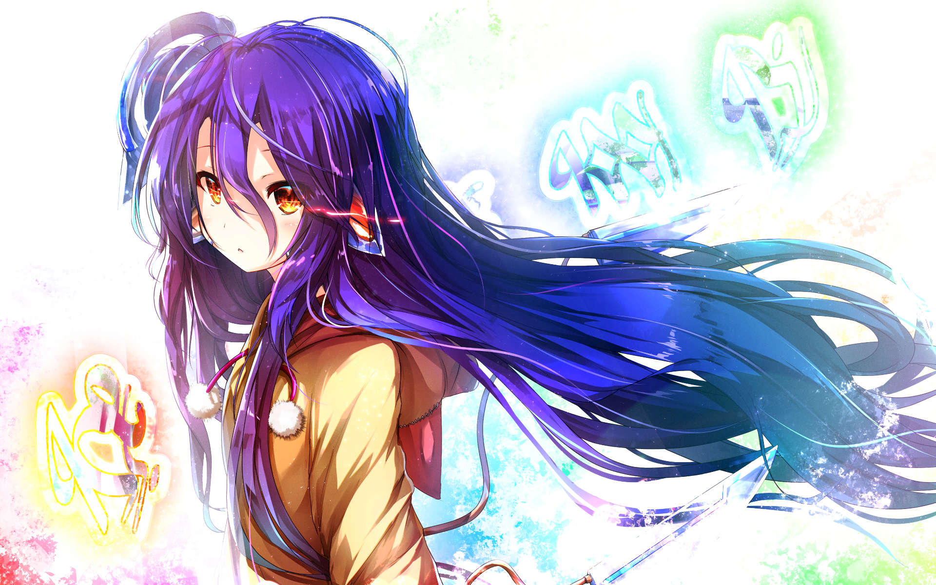 Anime-style No Game No Life character with long flowing purple hair, amber eyes and ribbon accents, hair streaming amid glowing game-like symbols and a bright, watercolor-splashed background.