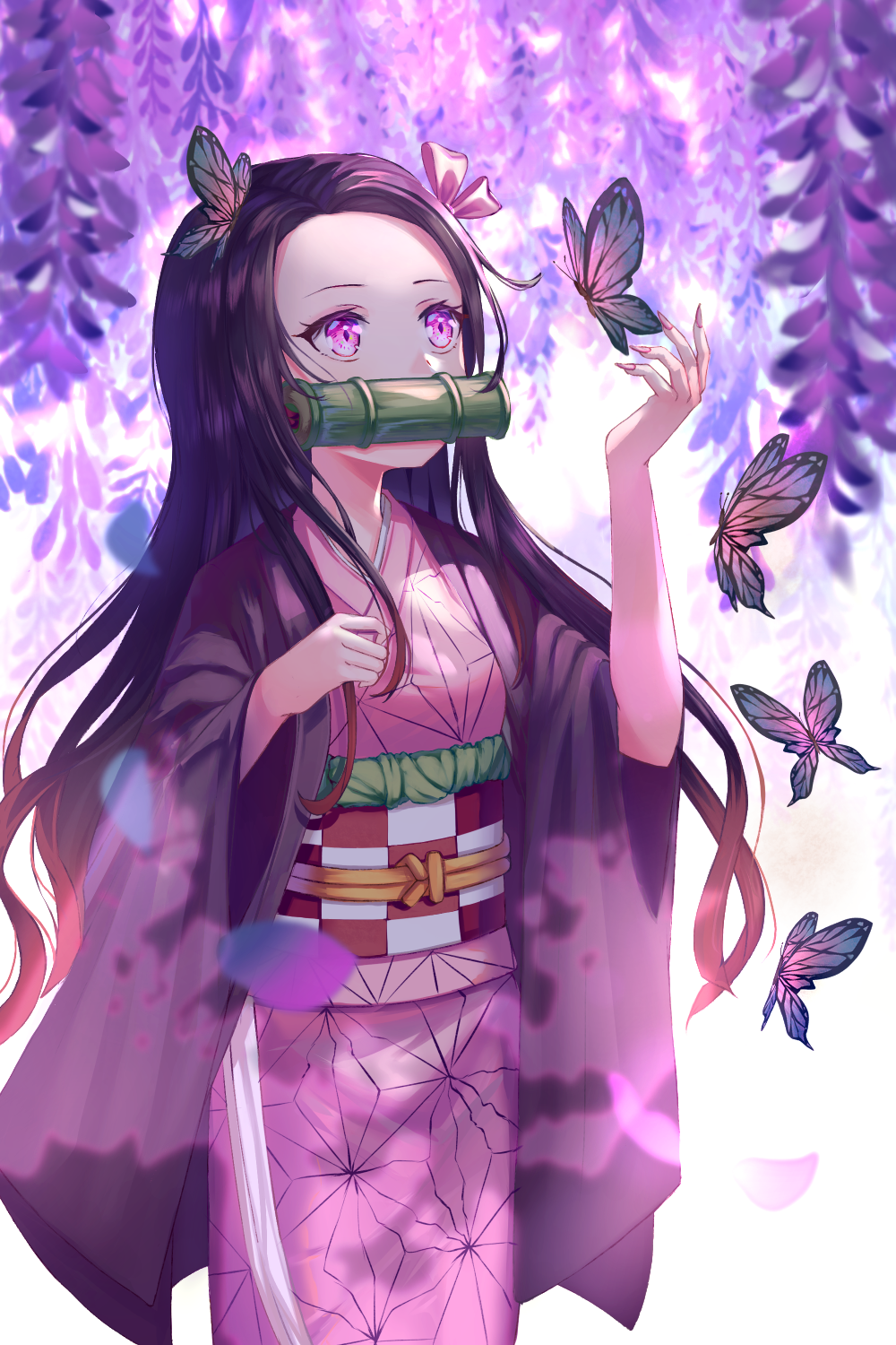 Nezuko from Demon Slayer: Kimetsu no Yaiba standing beneath wisteria blossoms in a pink kimono with a bamboo muzzle, purple butterflies fluttering around her.