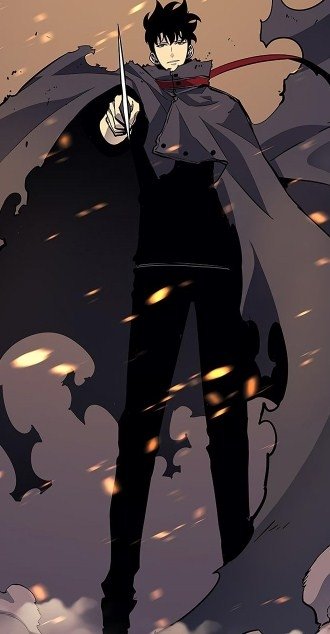 Anime-style illustration of a dark-cloaked character from Solo Leveling, holding a dagger with embers and smoke swirling around him.