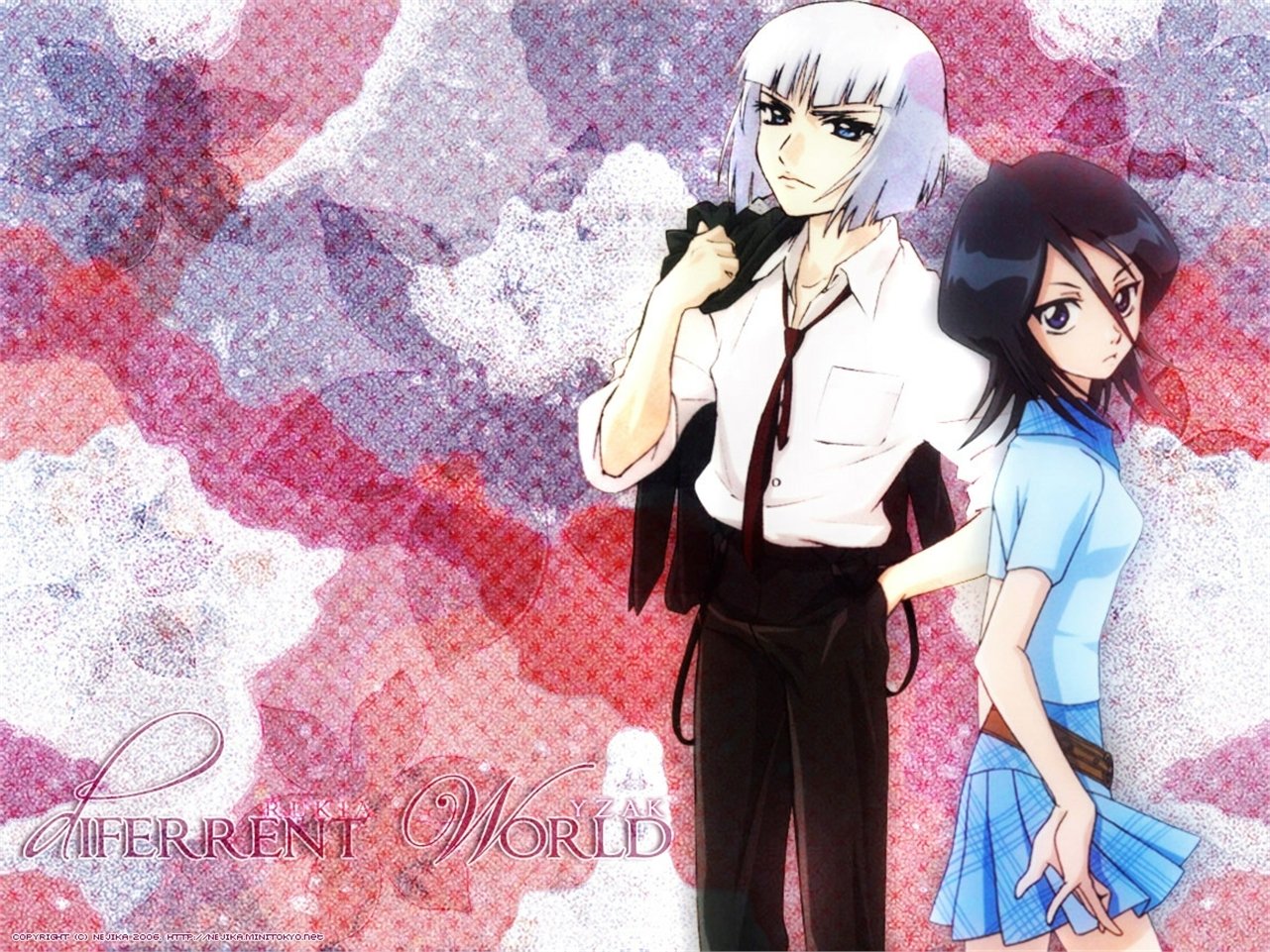 Anime-style artwork featuring Rukia Kuchiki from Bleach alongside Sode no Shirayuki, set against a textured pink and purple background with floral patterns.