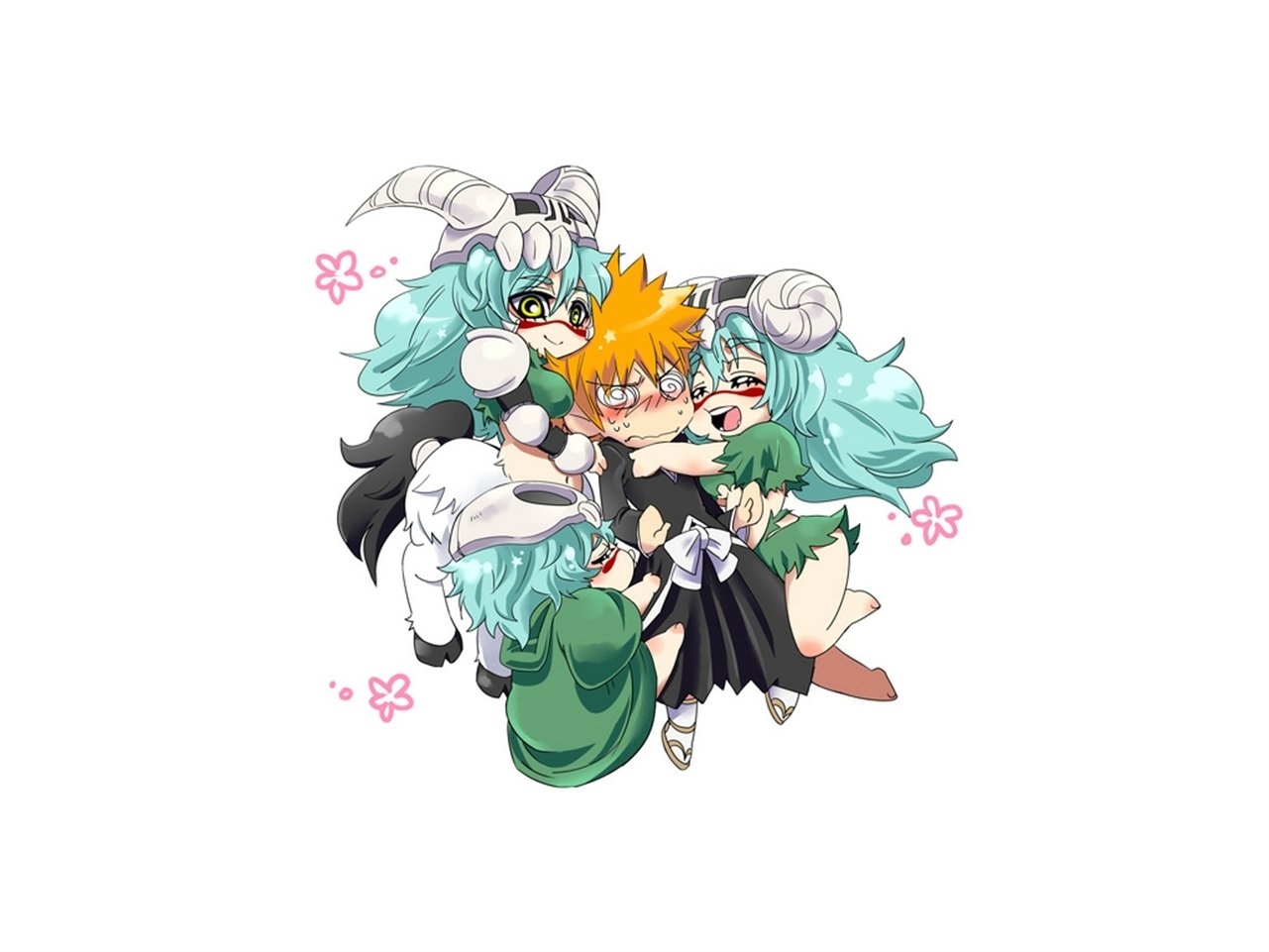 Chibi-style anime characters Nel Tu and Nelliel Tu Odelschwanck from Bleach holding Orihime Inoue, surrounded by pink flower accents.