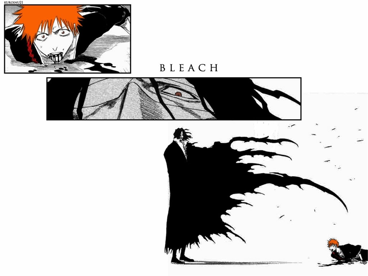 Bleach anime/manga scene: Ichigo Kurosaki kneels while his sword spirit Zangetsu looms as a tattered shadowy figure; inset closeup shows Ichigo's face and orange hair.