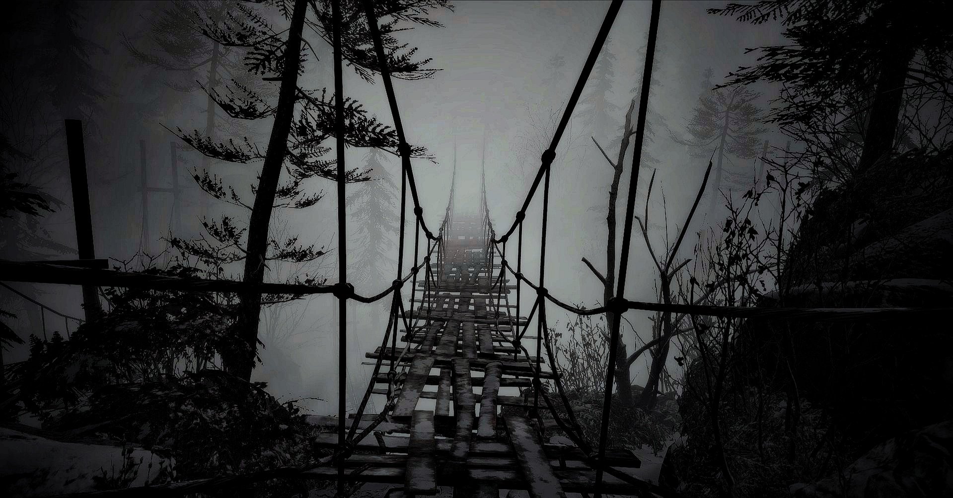 Fog-shrouded, rickety rope bridge spanning a chasm in a dark, eerie forest — atmospheric scene from the video game Resident Evil Village.