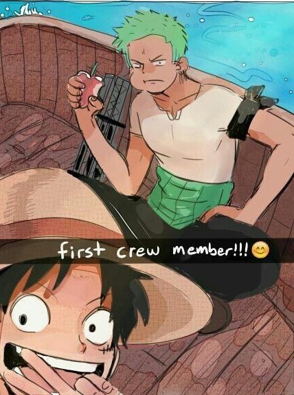 Two characters from the anime One Piece are depicted. One, with green hair, holds a drink while the other, with a straw hat, smiles broadly, celebrating the first crew member.
