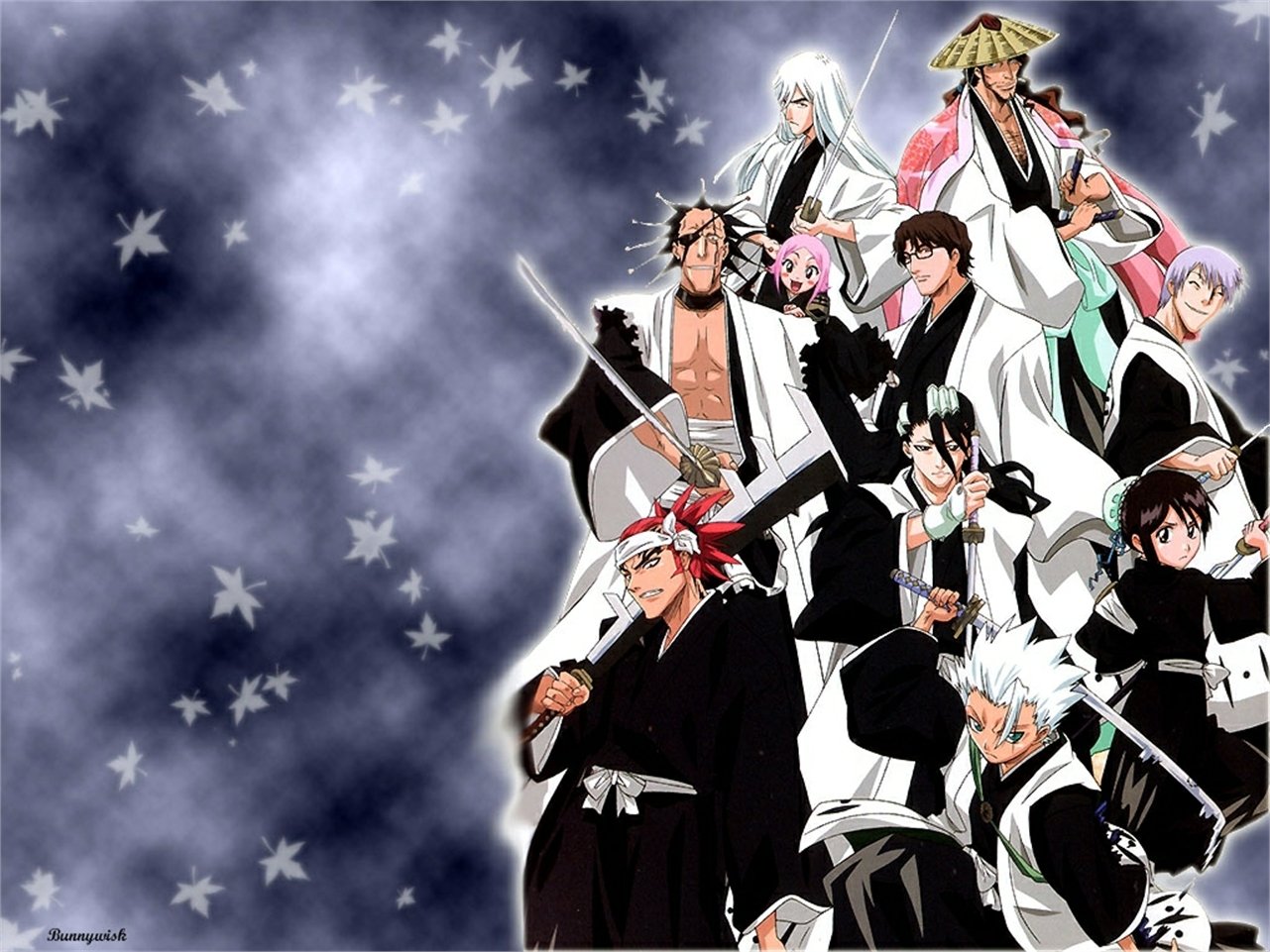 Shunsui Kyōraku Jūshirō Ukitake Kenpachi Zaraki Yachiru Kusajishi Sōsuke Aizen Byakuya Kuchiki Renji Abarai Gin Ichimaru Momo Hinamori Tōshirō Hitsugaya Anime Bleach Image
