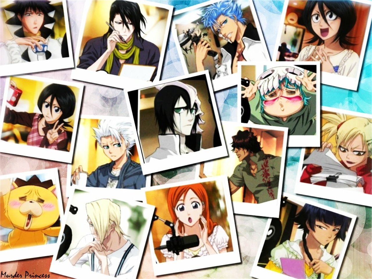 Collage of Bleach characters including Hiyori Sarugaki, Tōshirō Hitsugaya, Kon, Orihime Inoue, Nel Tu, Byakuya Kuchiki, Ulquiorra Cifer, Grimmjow Jaegerjaquez, Rukia Kuchiki, and Yasutora Sado in vibrant anime style.