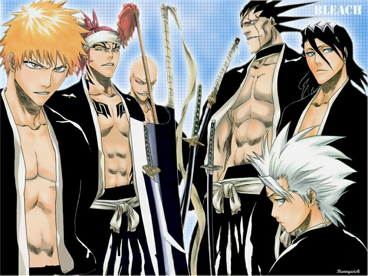 Bleach anime: Ichigo Kurosaki stands with captains Byakuya Kuchiki, Tōshirō Hitsugaya, Kenpachi Zaraki and lieutenants Renji Abarai, Ikkaku Madarame, all in shihakusho with swords.