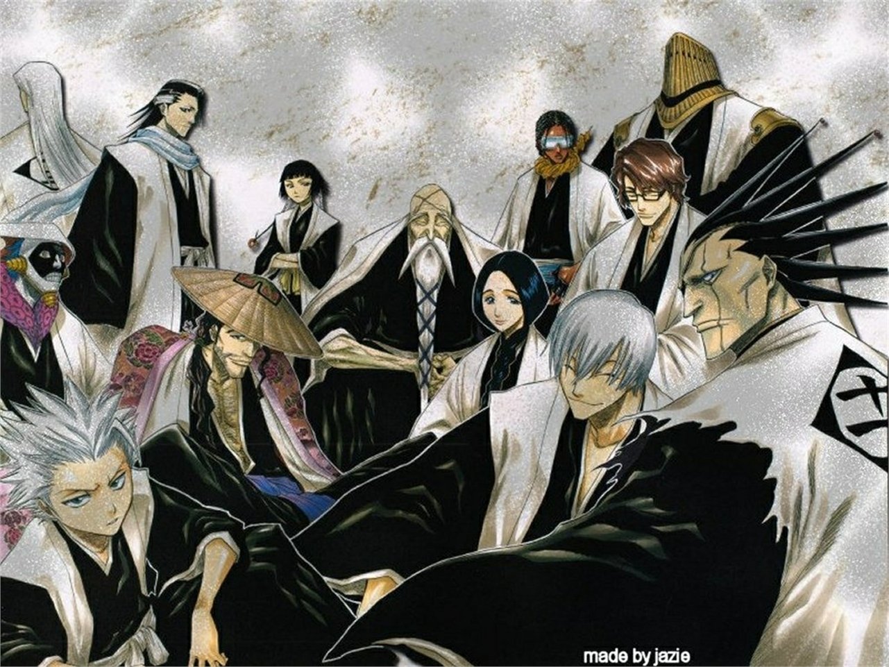 Bleach captains ensemble: Komamura, Unohana, Ukitake, Kyōraku, Mayuri, Aizen, Byakuya, Soifon, Tosen, Yamamoto, Zaraki, Gin, Hitsugaya.