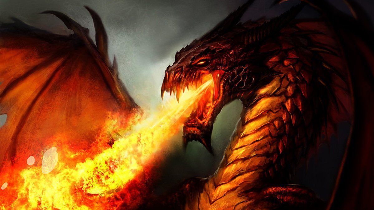 A fierce fire dragon from fantasy lore breathes intense flames, its scales glowing with fiery heat against a dark, smoky background.