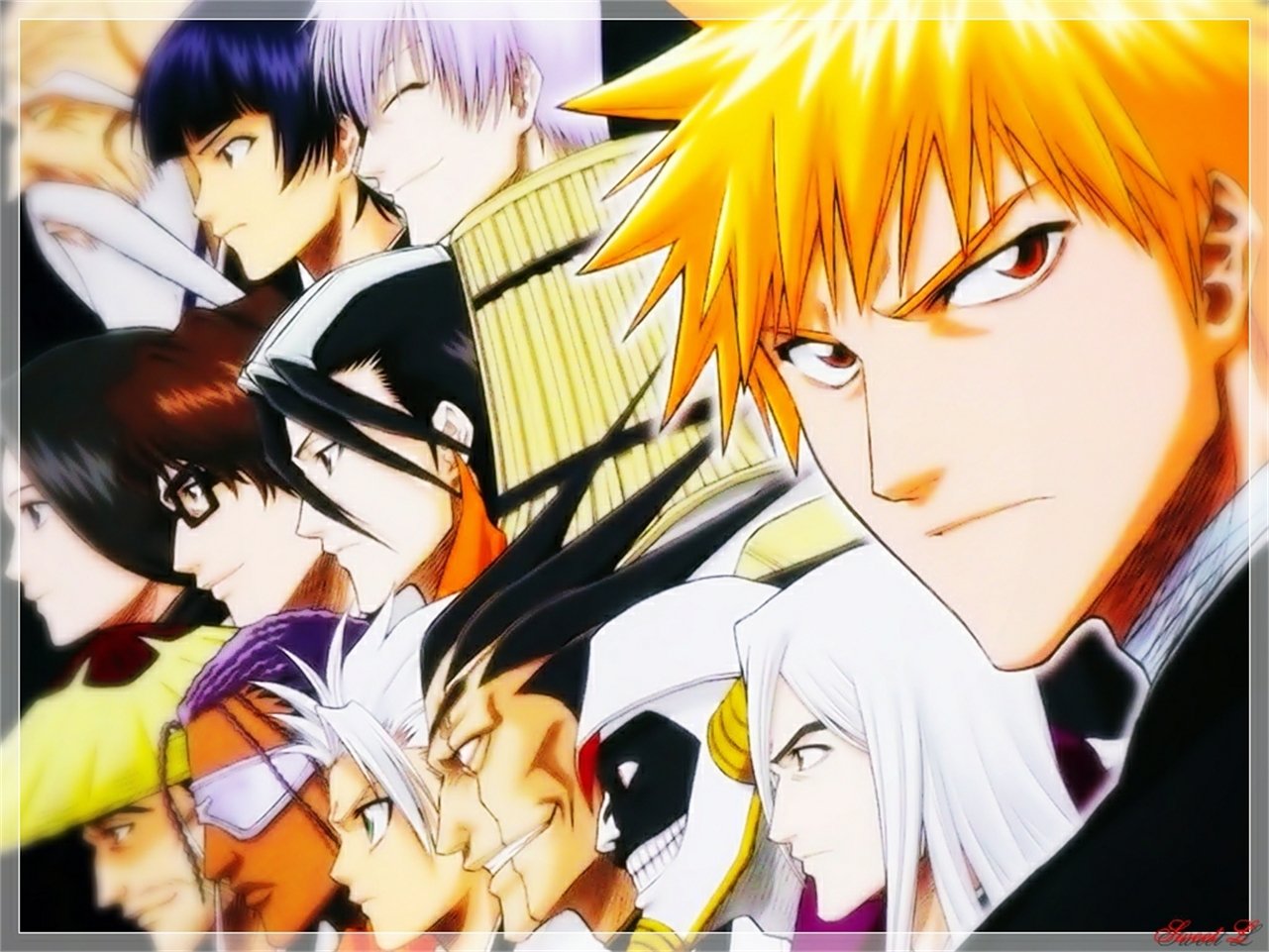 A lineup of Bleach anime characters featuring Ichigo Kurosaki, Kenpachi Zaraki, Byakuya Kuchiki, Sosuke Aizen, Toshiro Hitsugaya, and others from the series.