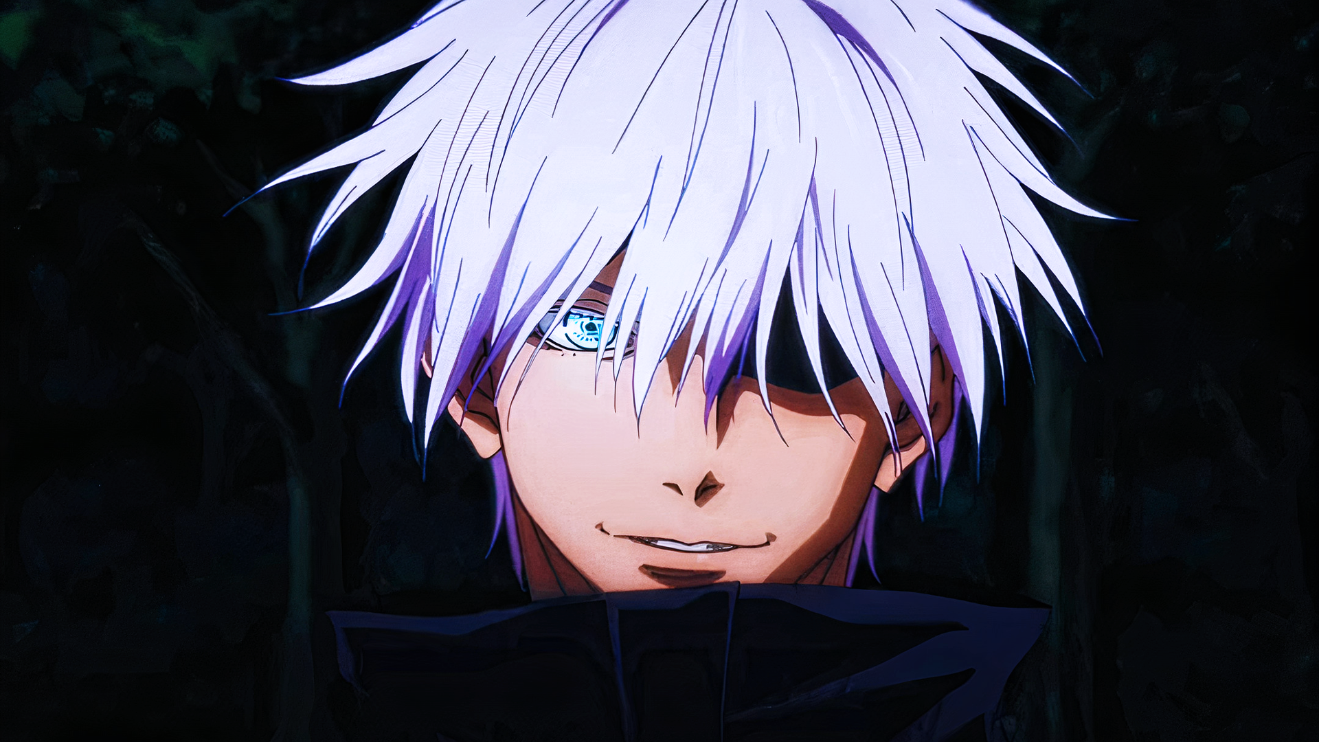 Anime character Satoru Gojo from Jujutsu Kaisen with white hair and a confident smile, set against a dark background.