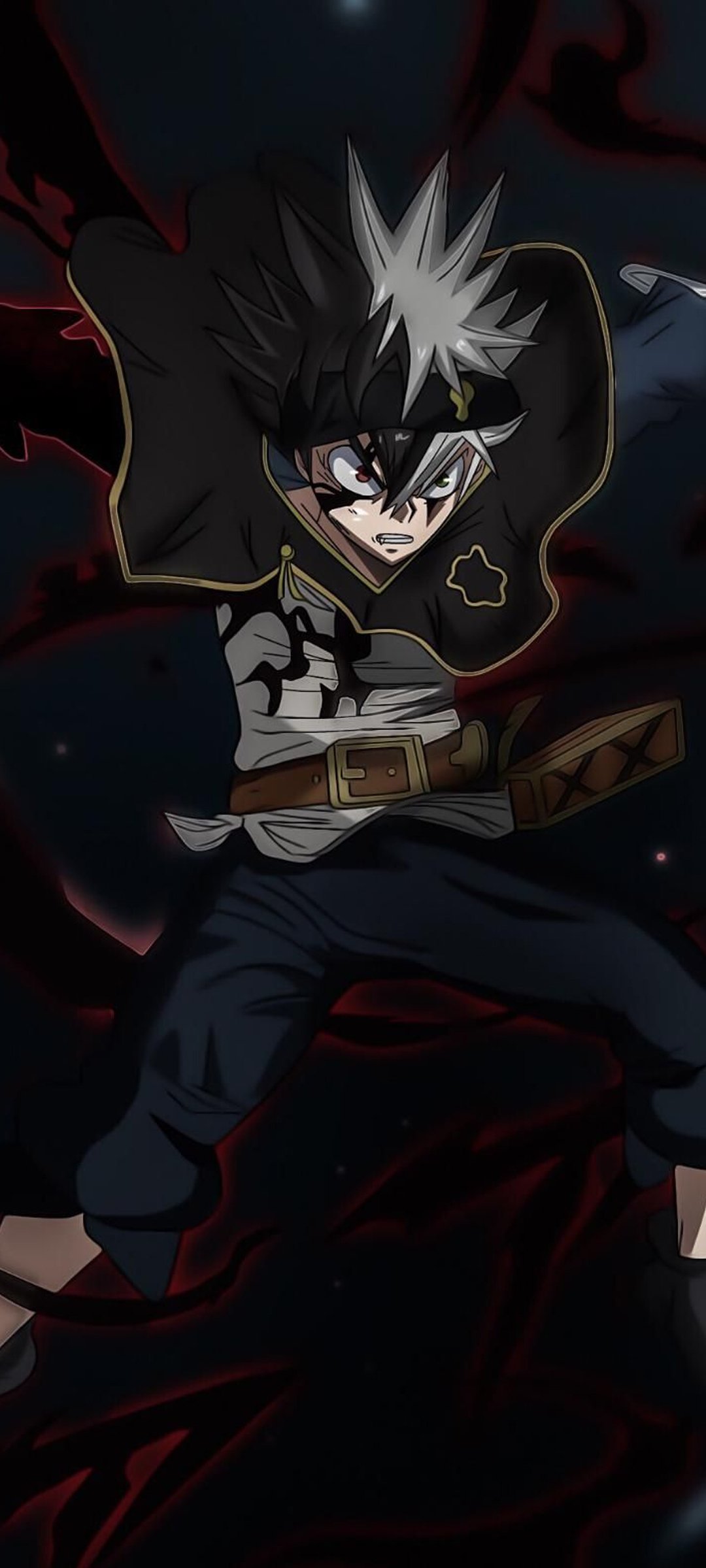 Asta (Black Clover) in his Black Bulls cloak, lunging with grim determination as a dark, red-tinged anti-magic aura swirls around him.