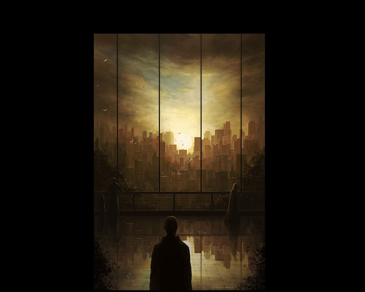 A person stands in front of a large window, gazing out at a vibrant sci-fi city bathed in warm light, showcasing towering skyscrapers and an atmospheric sky.
