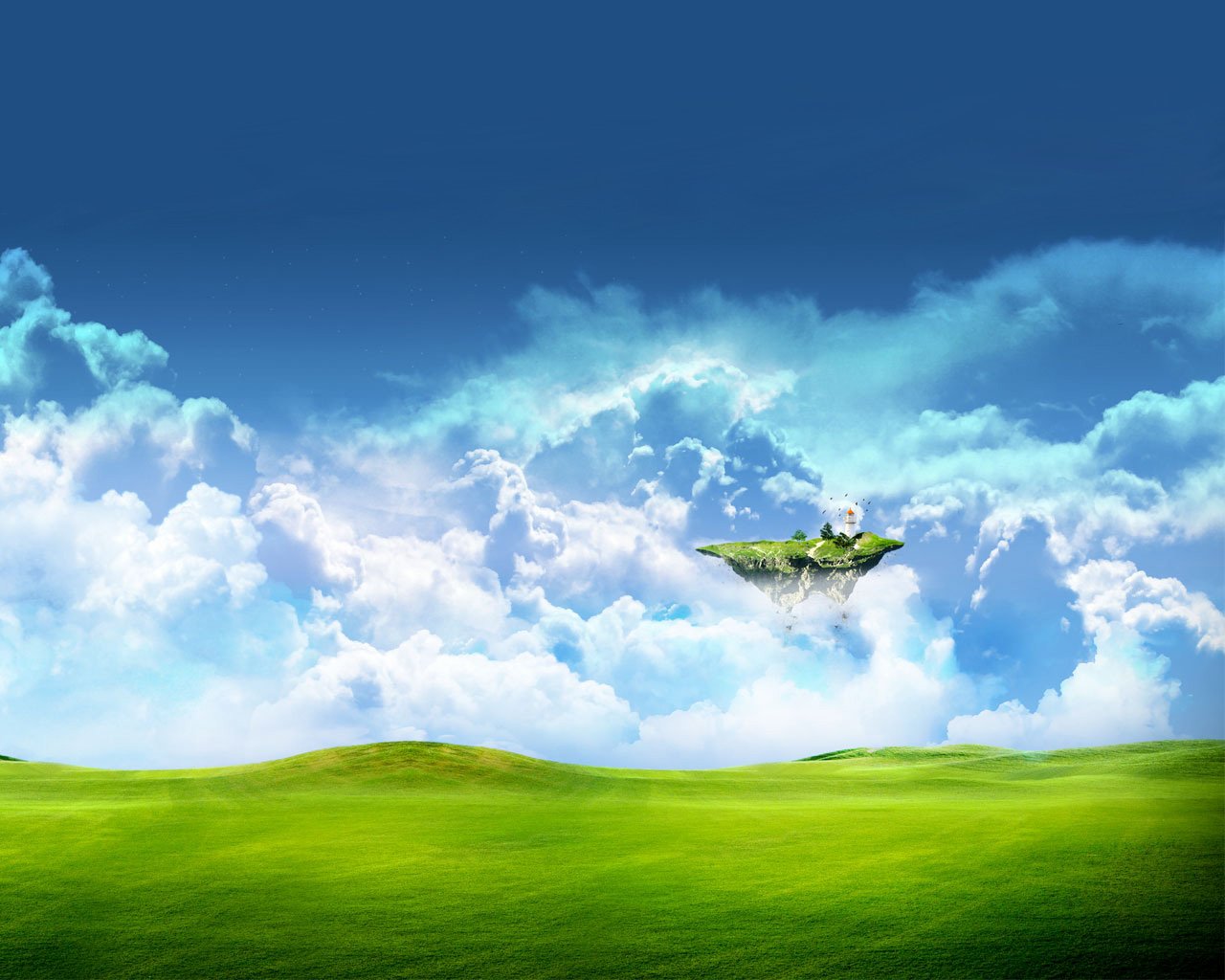 A fantastical city hovers above vibrant green fields under a brilliant blue sky, surrounded by fluffy white clouds, creating an enchanting dreamlike landscape.