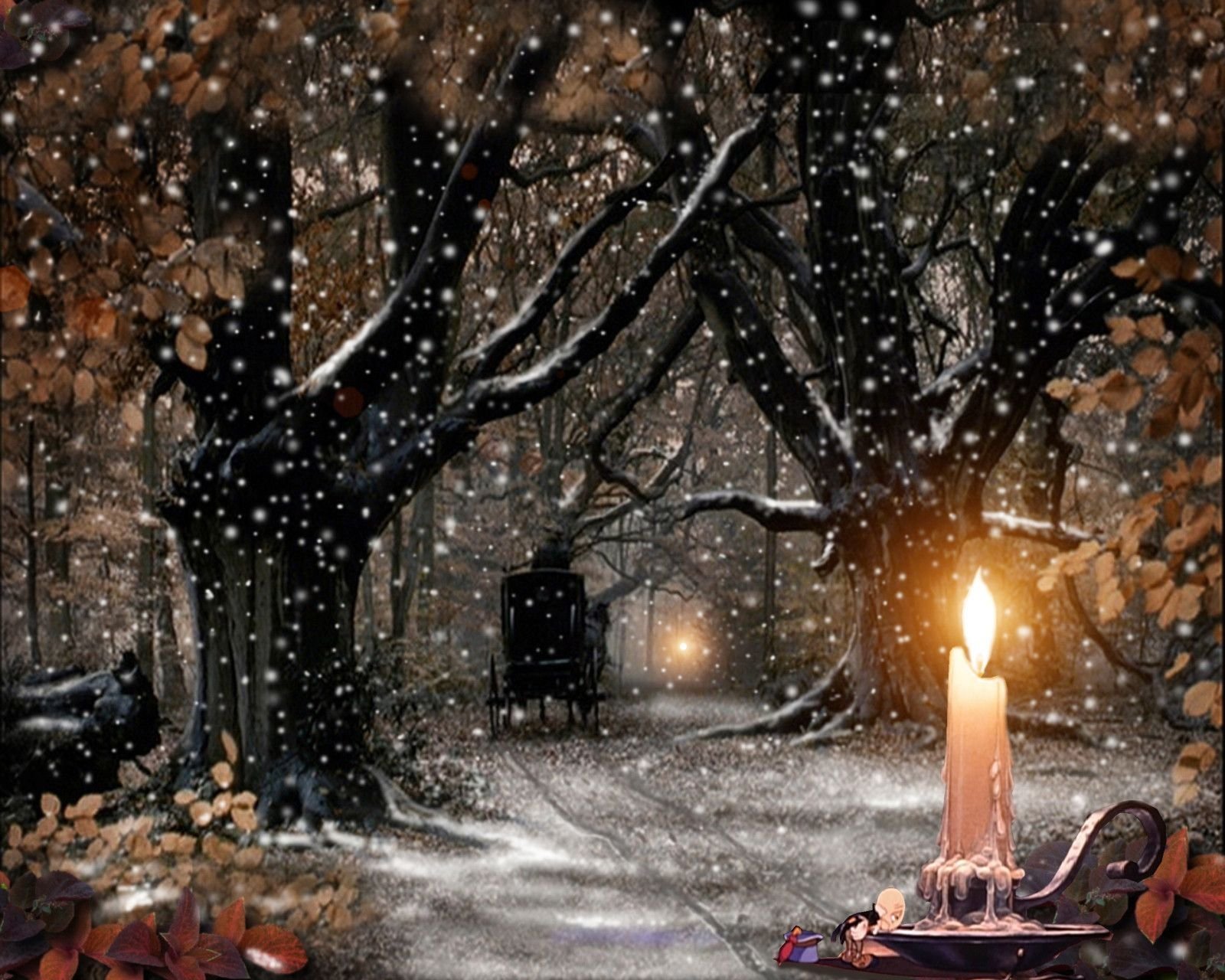 A serene winter scene featuring a glowing candle in the foreground, surrounded by snow-covered trees and gentle snowfall, creating an enchanting, peaceful atmosphere.