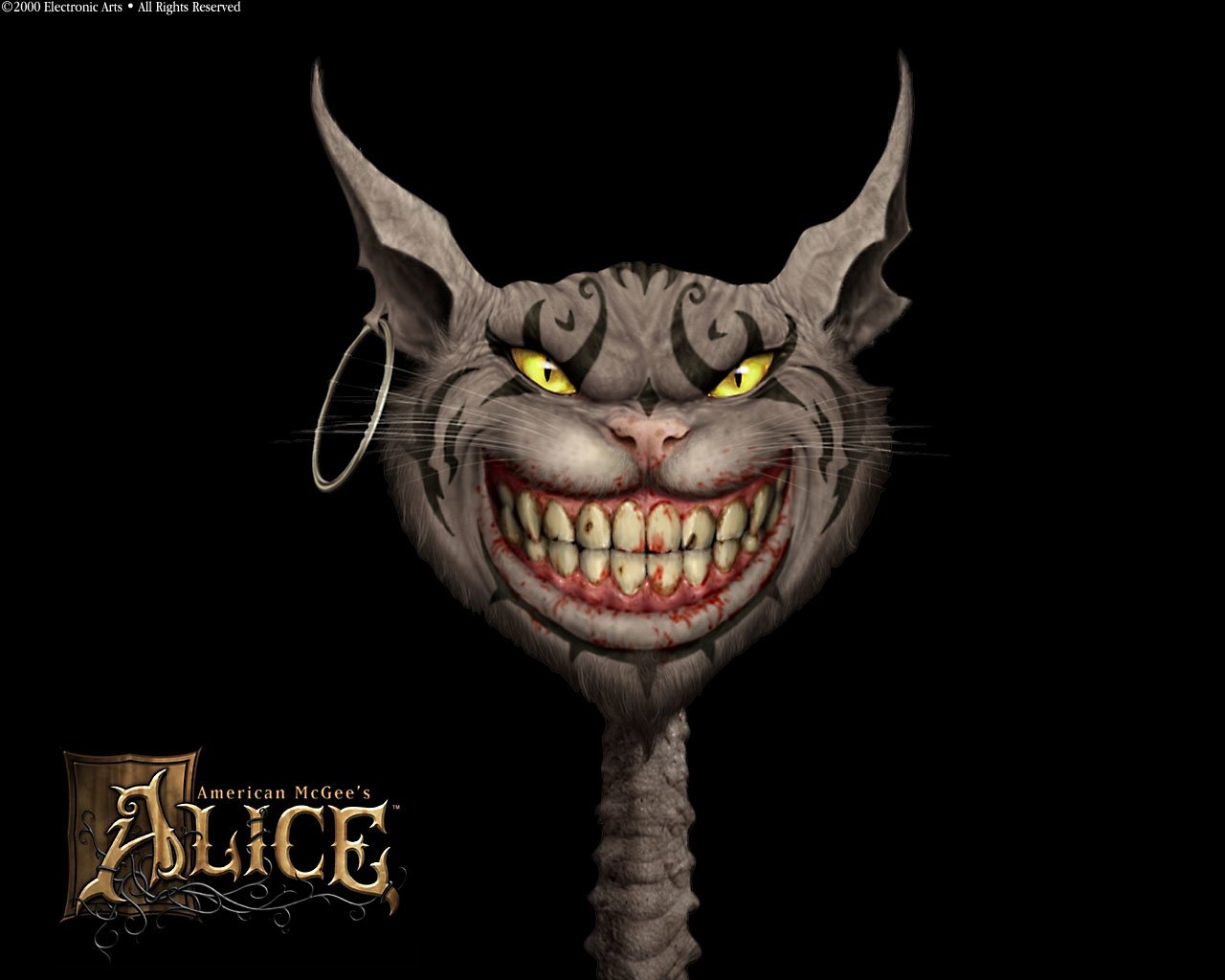 A striking illustration of the Cheshire Cat from American McGee's Alice, featuring a grinning cat face with yellow eyes, set against a dark background.