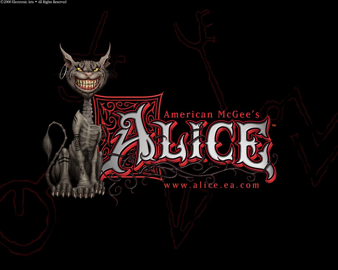 Dark, twisted Cheshire Cat grins beside the title of the video game American McGee's Alice, set against a black background with ornate red and white lettering.