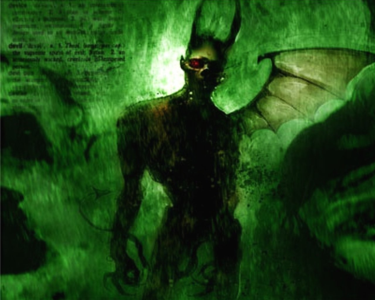 A dark, ominous demon with bat-like wings looms in a greenish haze, exuding an eerie presence that captivates the viewer's gaze.