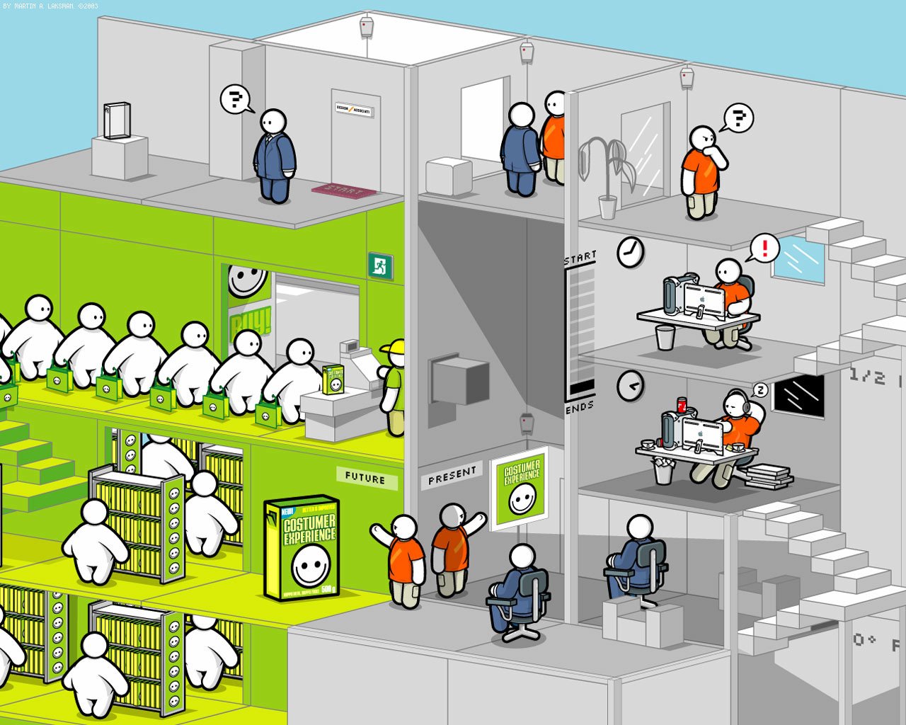 A vibrant vector artwork depicting various figures in a multi-level space, showcasing activities like working, interacting, and exploring environments filled with colorful elements.