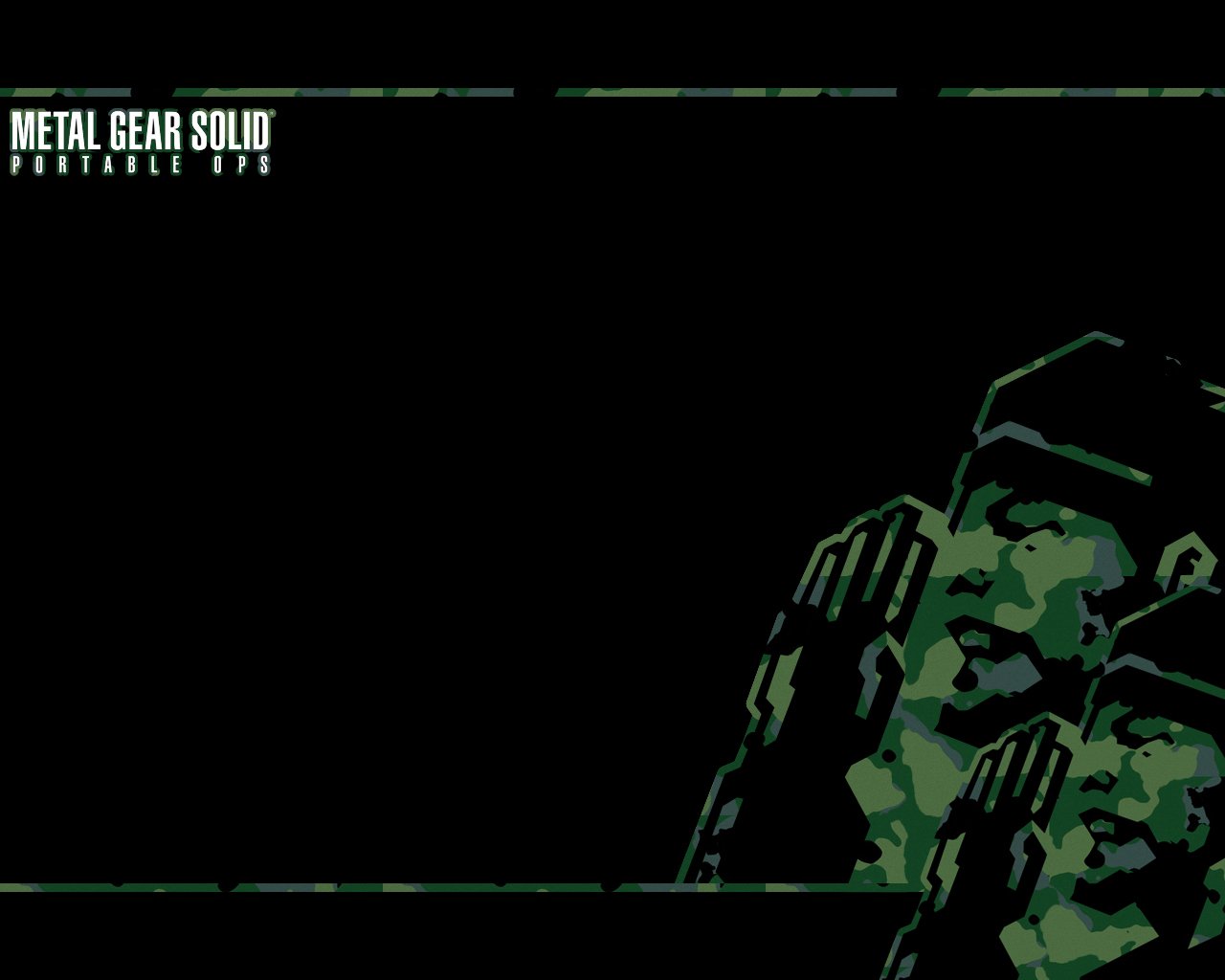 Minimalist dark-themed artwork from the video game Metal Gear Solid: Portable Ops, featuring stylized camouflaged soldiers on the right and the game title on the left.