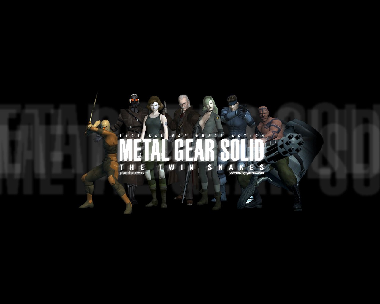 Characters from the video game Metal Gear Solid: The Twin Snakes stand together with the game title displayed prominently in front.