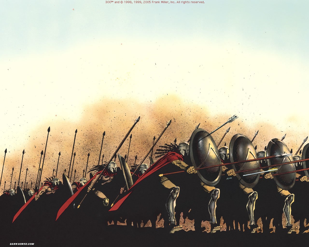 A dynamic scene from the movie 300, showcasing Spartan warriors with shields and spears poised for battle against a dust-filled backdrop.