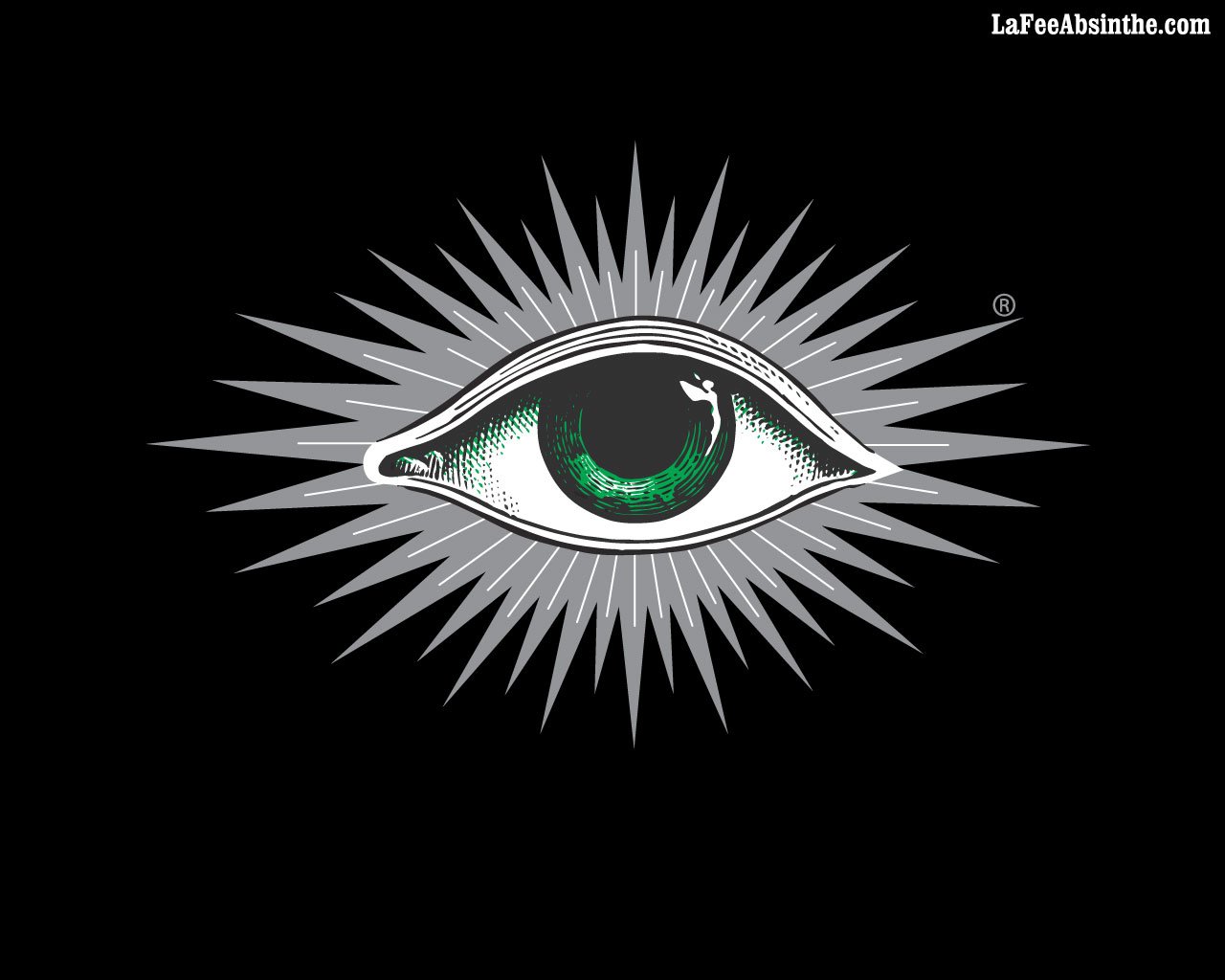 An artistic design featuring an eye with a green iris, surrounded by sharp, radiating lines against a black background. The image combines bold graphics and vibrant color.