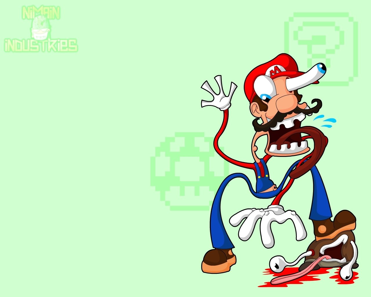 A distorted and exaggerated caricature of Mario from the video game, with an elongated mustache, large hands, and a shocked expression on a light green background.