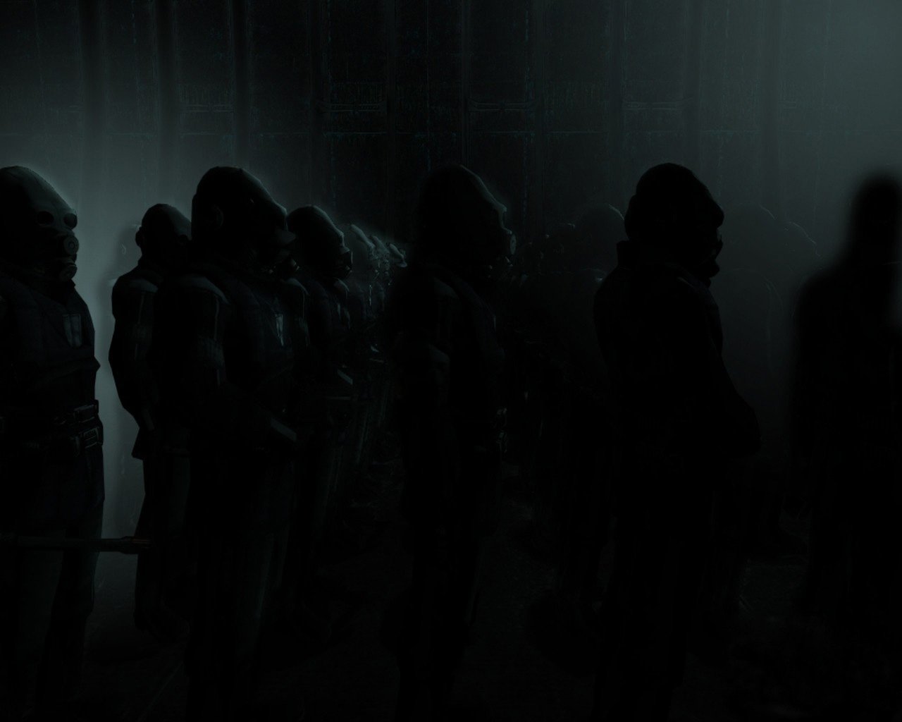 Dark, shadowy figures stand in a dimly lit environment, evoking a tense atmosphere from the video game Half-Life 2.