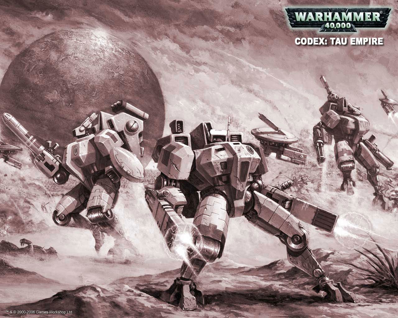 A stark, monochromatic depiction of Tau Empire mechs from Warhammer 40,000, poised for battle against a dramatic alien landscape, showcasing the game's intricate sci-fi themes.