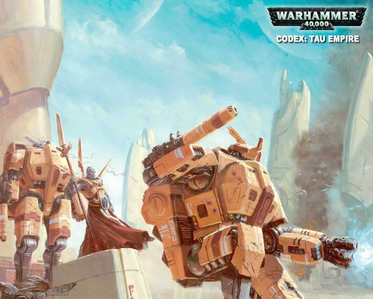 An artistic depiction from the Warhammer 40,000 universe features imposing Tau Empire battlesuits in a futuristic landscape, showcasing advanced technology and epic sci-fi themes.