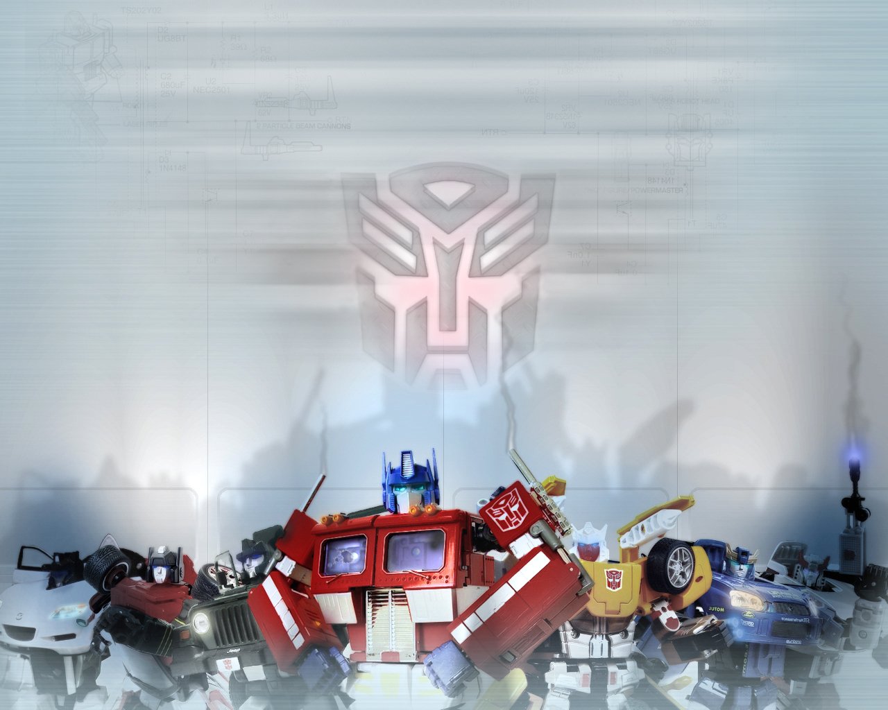 A vibrant comic-style image featuring various Transformers figures, prominently displaying the iconic Autobot symbol against a colorful backdrop of vehicles and characters.