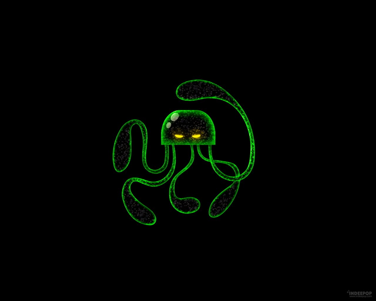 Glowing green jellyfish with yellow eyes against a black background, inspired by the TV show The Octonauts.