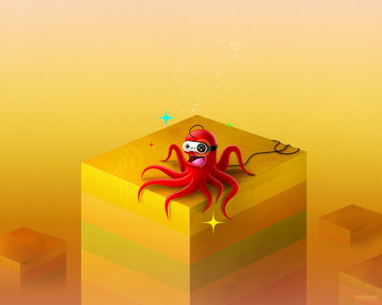 A red octopus character wearing goggles and a headset sits on a yellow block, depicted in the style of the TV show The Octonauts.