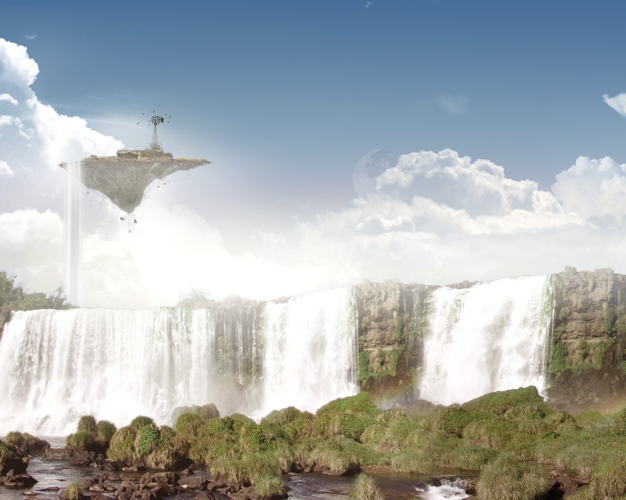 A breathtaking fantasy scene featuring a majestic waterfall cascading into a lush landscape, with a mystical floating island above, surrounded by a serene blue sky and soft clouds.