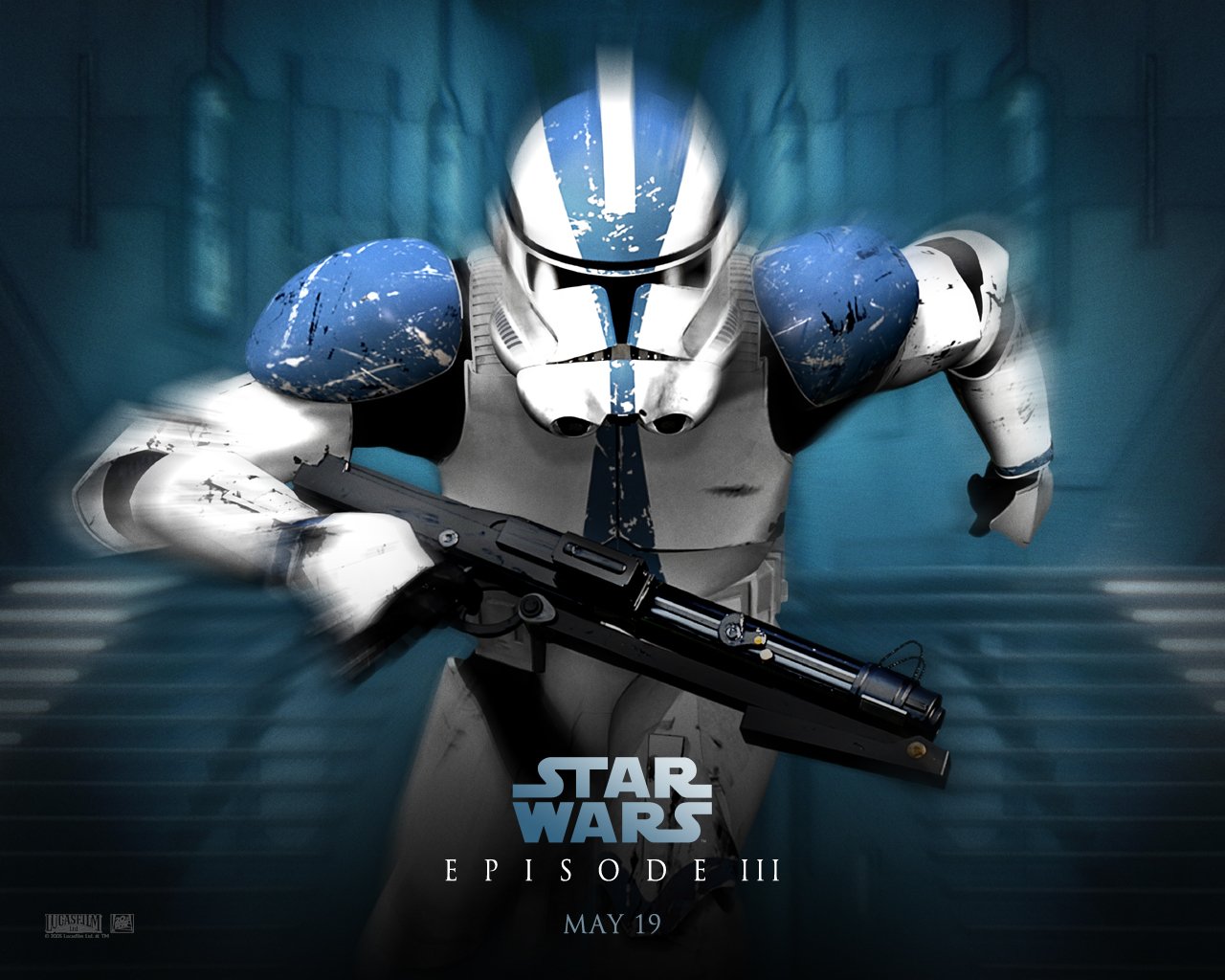 A clone trooper from the movie Star Wars, Episode III, is depicted in an action pose, holding a weapon, with a dramatic blue background.