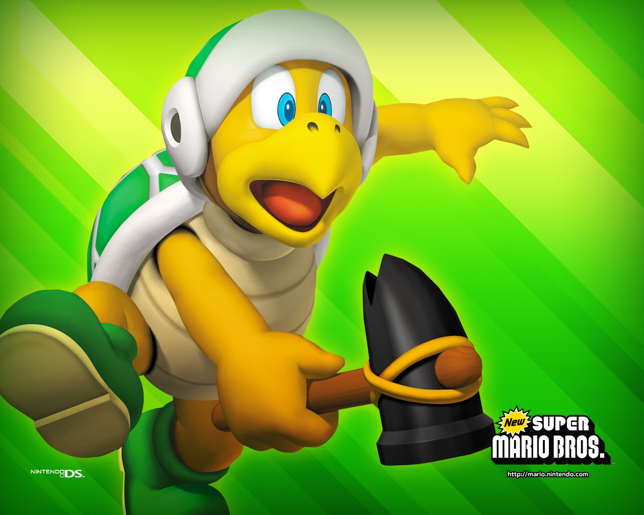 A character from the video game New Super Mario Bros. is seen holding a hammer, set against a bright green background.