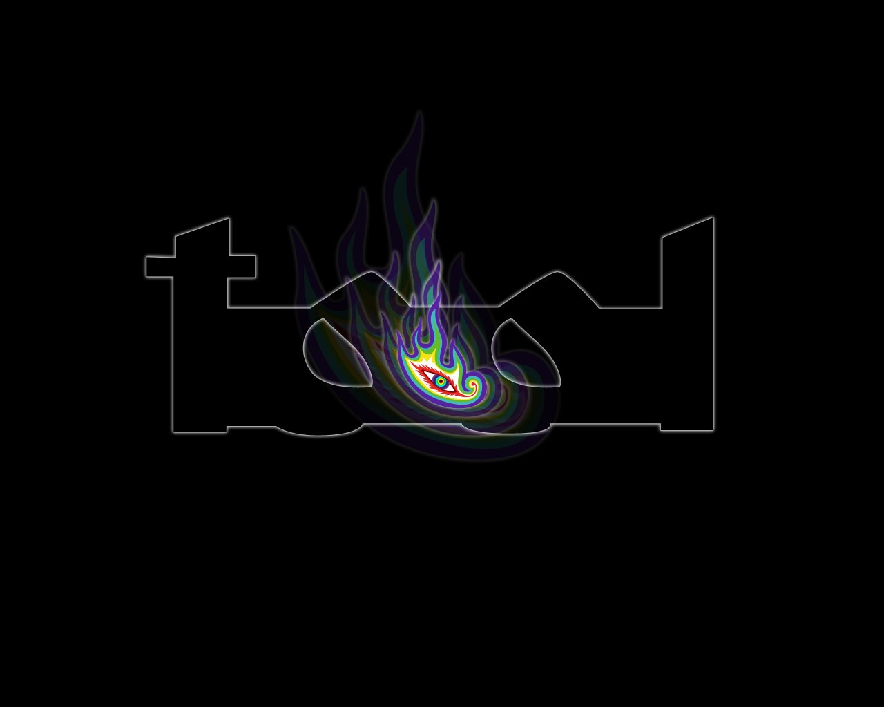 A vibrant, abstract design features the word Tool with an eye and flame motif, embodying the essence of the band's distinctive music style. The background is black, enhancing the colors.