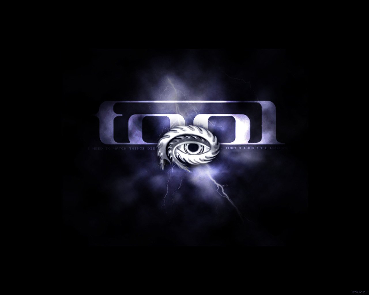 A stylized logo for the band Tool, featuring an intricate eye design amidst dark and moody lightning effects, embodying the band's distinctive music and aesthetic.