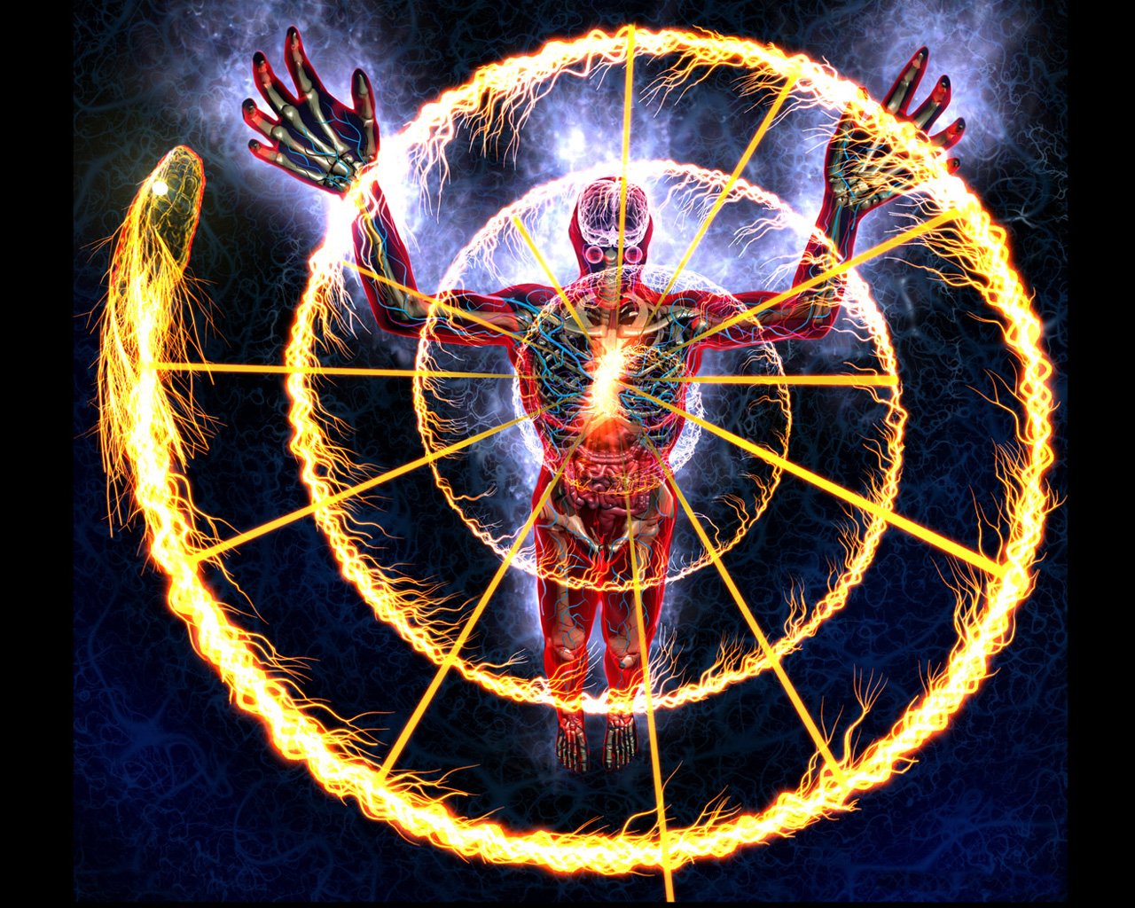 An abstract representation of a figure surrounded by swirling energy, embodying themes often explored in Tool's music, reflecting complexity and connection.