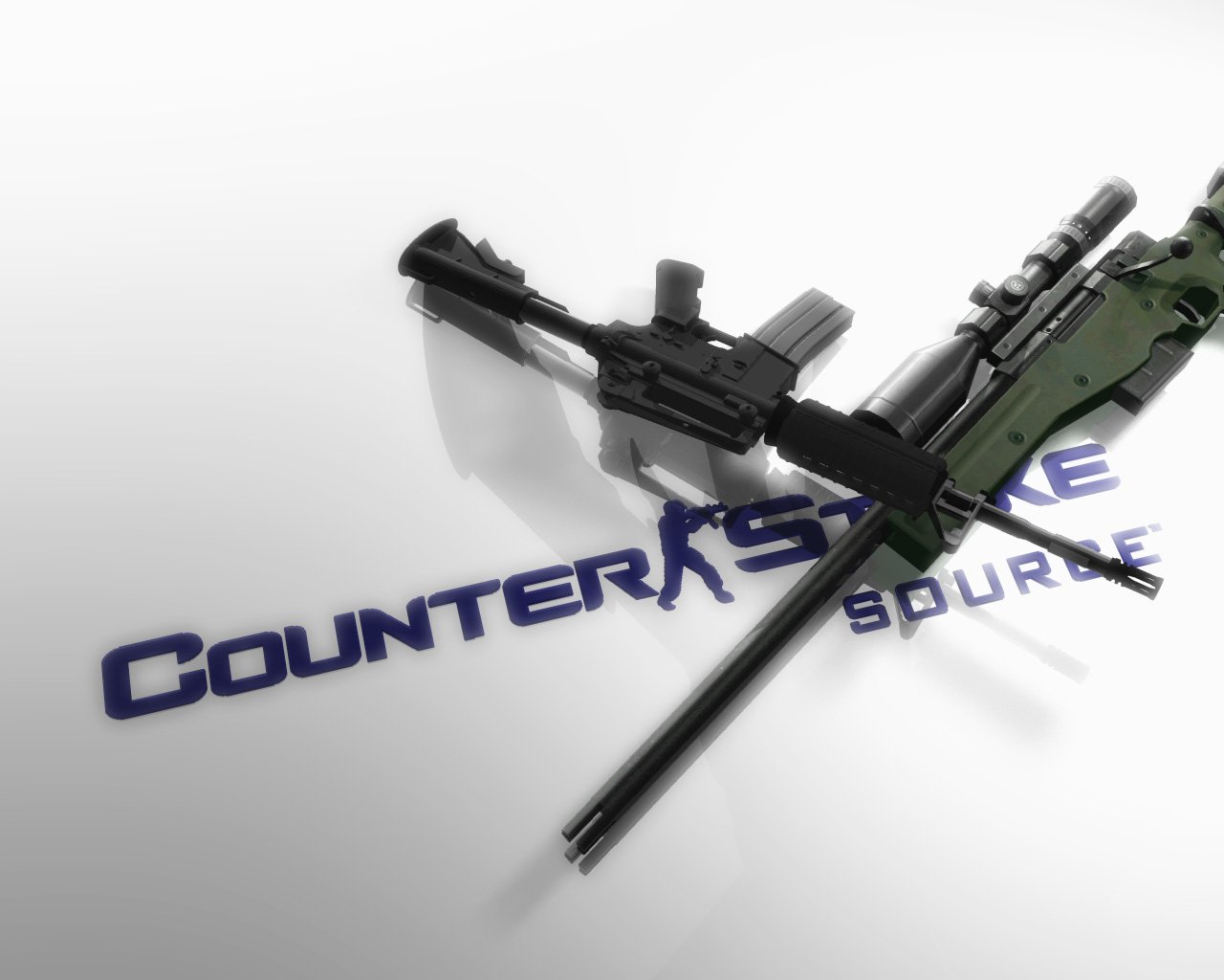 A close-up of two firearms resting against the logo of Counter Strike, highlighting the game's focus on tactical shooting and strategy in the popular first-person shooter genre.