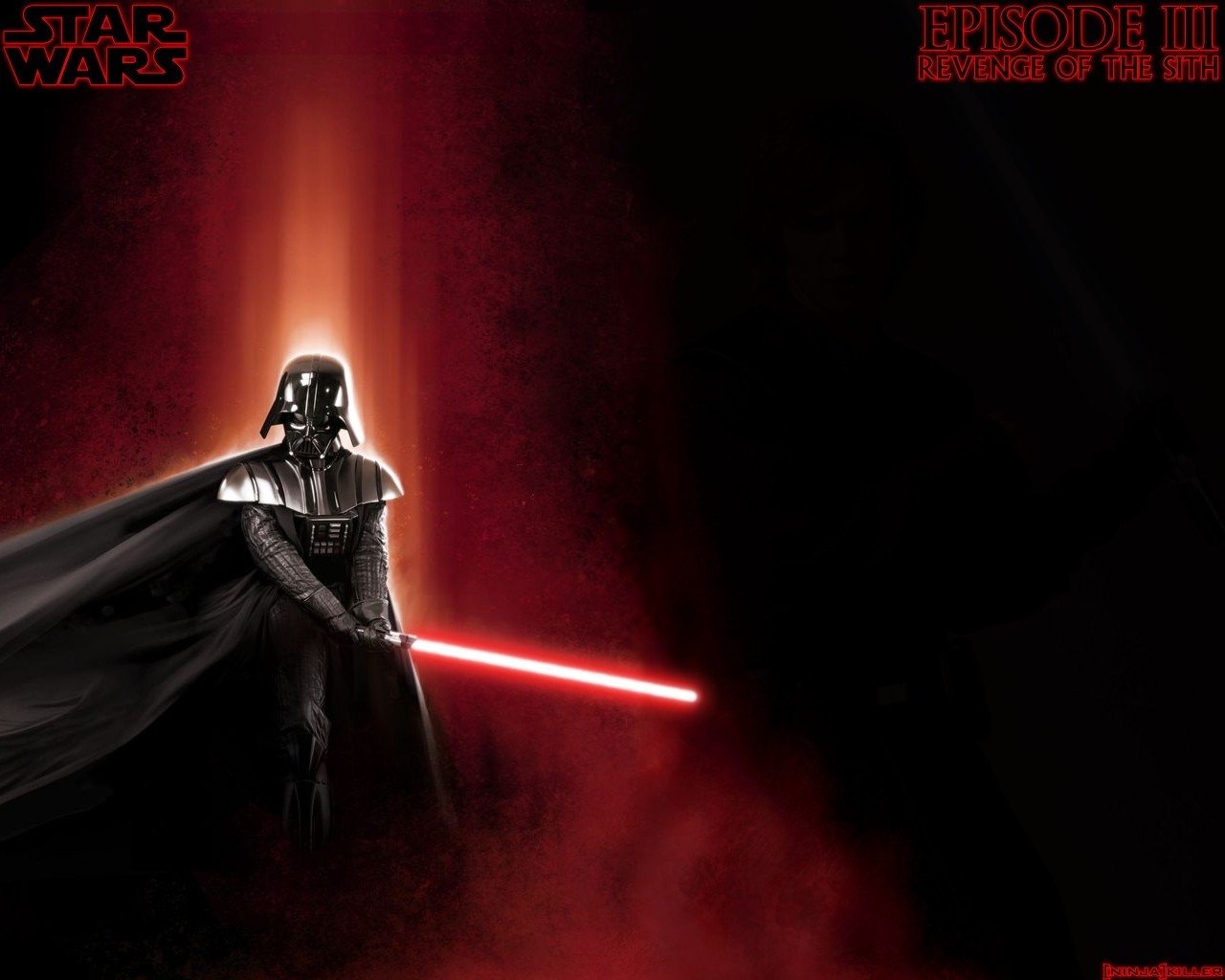 A dramatic depiction of Darth Vader from Star Wars Episode III: Revenge of the Sith, wielding a glowing red lightsaber against a dark, atmospheric background.