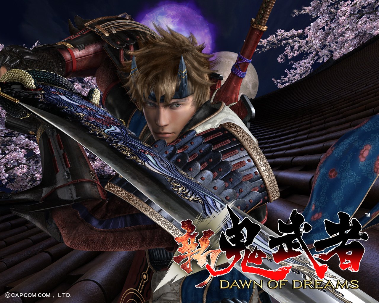 Onimusha: Dawn of Dreams artwork — a horned samurai crouches on a rooftop, gripping a glowing sword as cherry blossoms swirl and a purple demonic aura rises behind him.