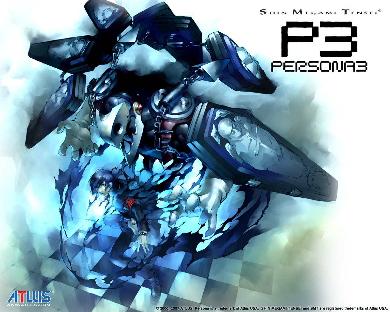 A dynamic illustration from the video game Persona 3, featuring abstract motifs and characters, highlighted by bold colors and intricate designs that capture the game's dark themes.