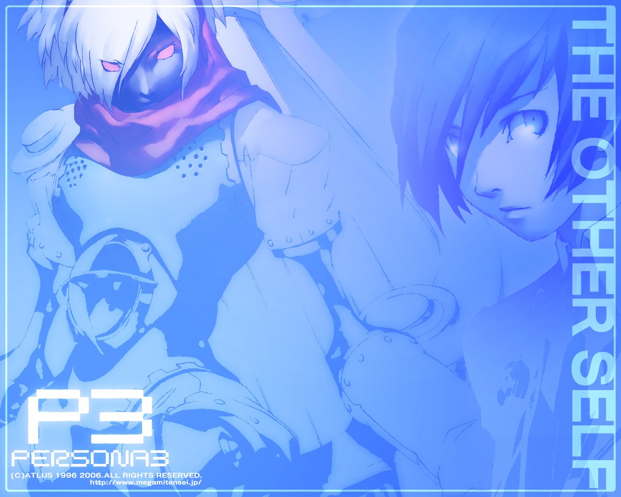 Blue-tinted Persona 3 video game art showing the protagonist beside his towering Persona, with stylized text reading THE OTHER SELF.