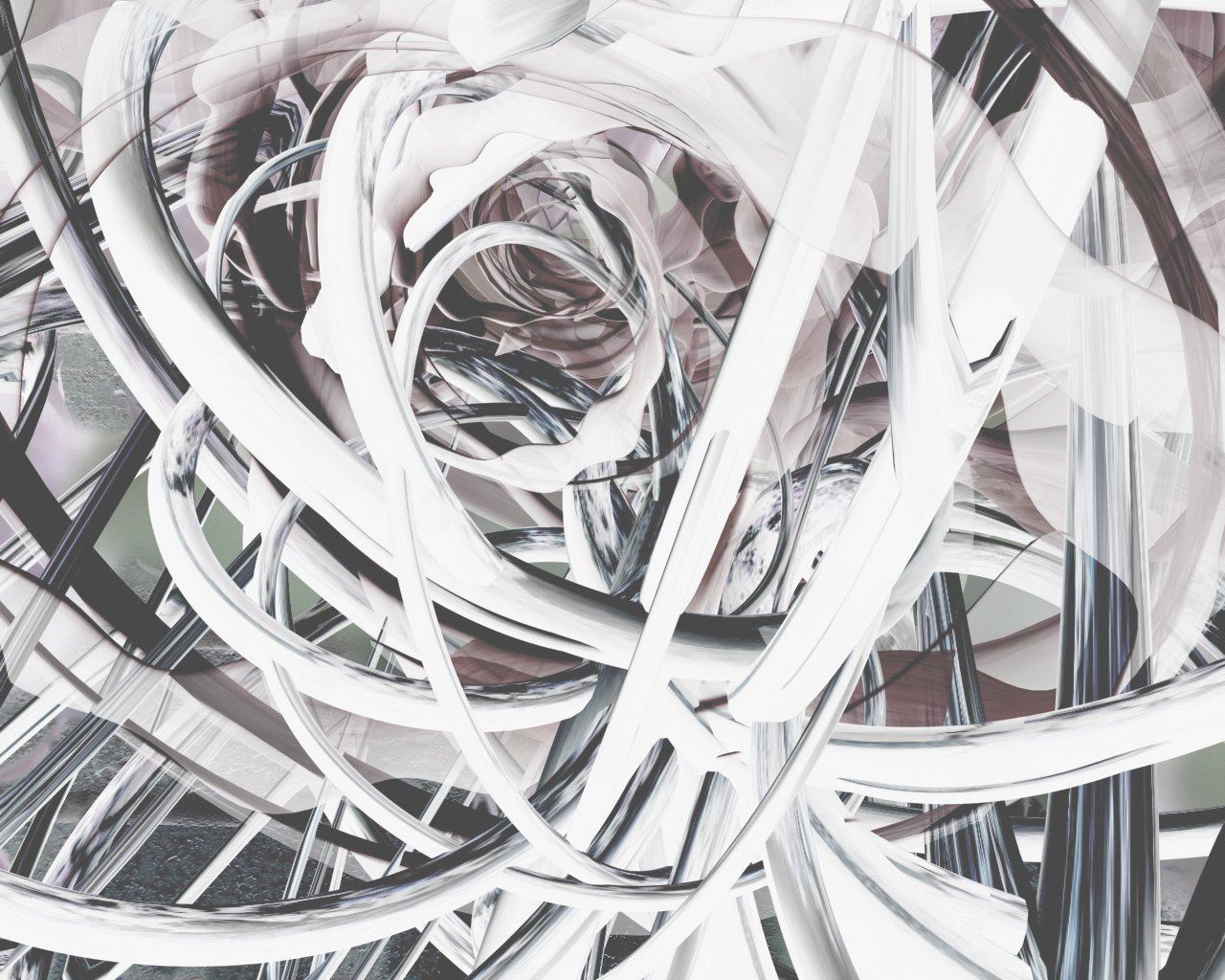 An abstract composition featuring swirling lines and shapes in shades of white, creating a sense of depth and movement within a dynamic interplay of monochromatic tones.