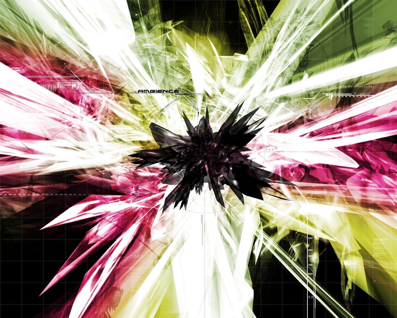 An abstract design featuring dynamic bursts of pink, green, and black, creating a visually striking and cool composition with sharp angles and vibrant movement.