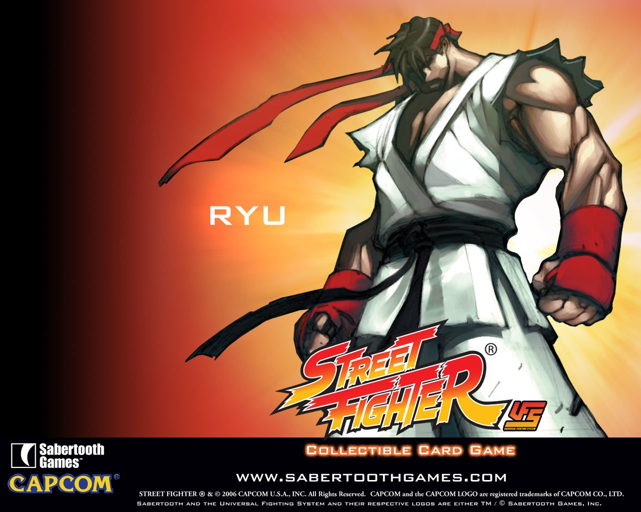A dynamic illustration of Ryu from Street Fighter, showcasing his iconic martial arts pose against a vibrant background, with branding for the Street Fighter collectible card game.