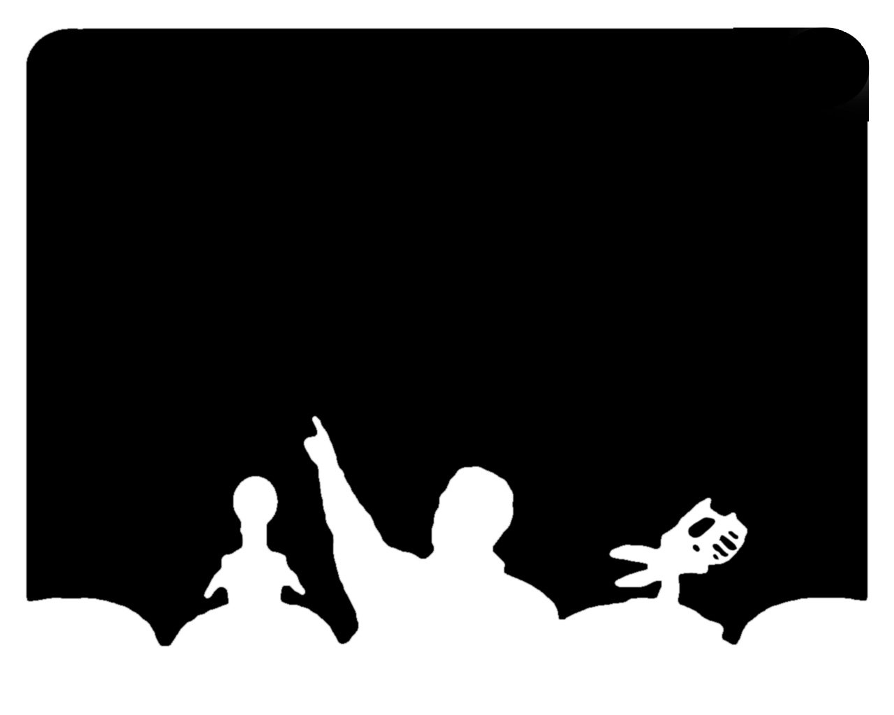Black and white silhouette of three characters from the TV show Mystery Science Theater 3000, seated and watching a screen.