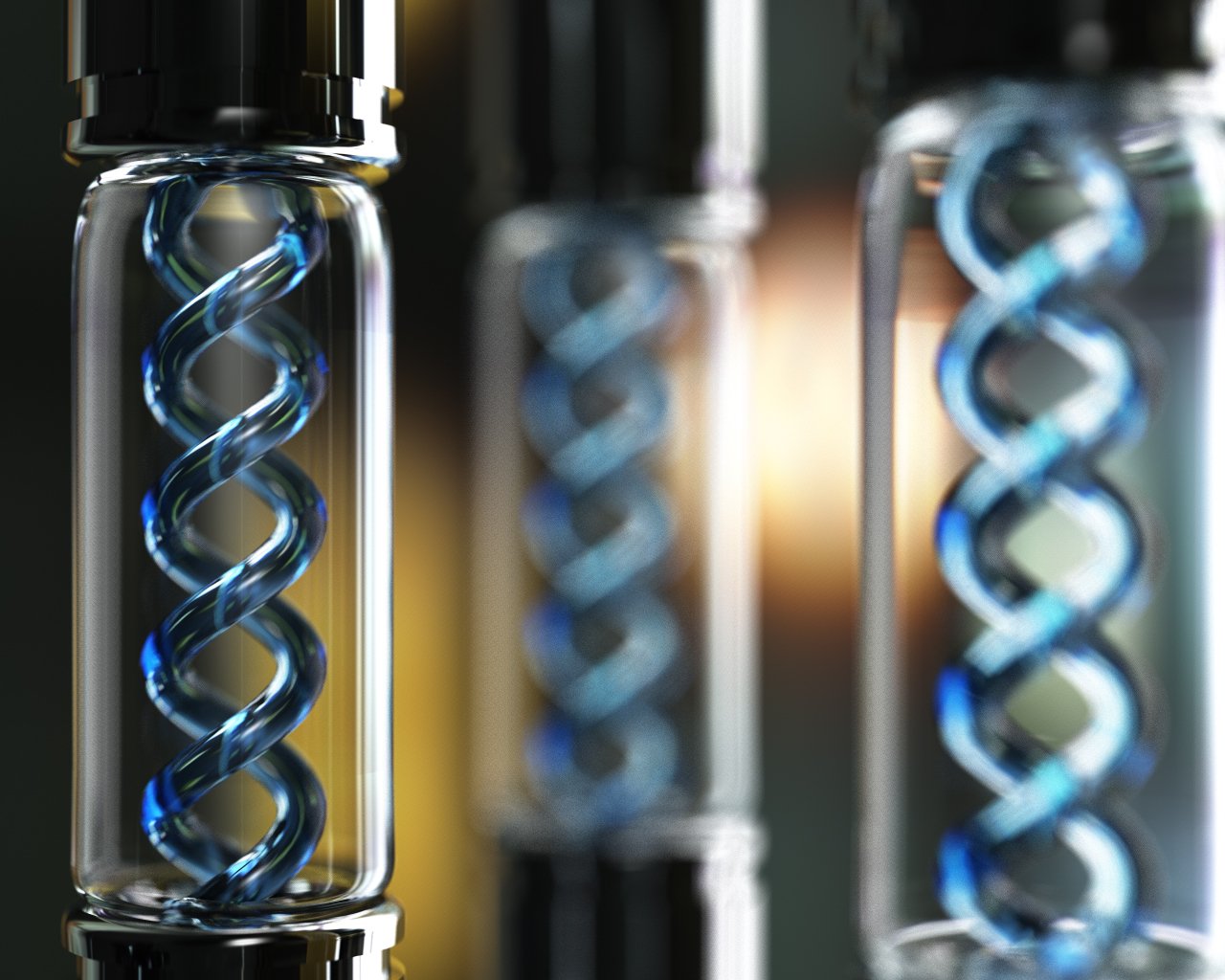 A close-up of a glass vial with a spiraled blue liquid inside, featured prominently in the context of the Resident Evil video game series.